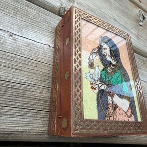 Wood & Brass Jewelry Box with Crushed Gemstones Painting ~Rajput Princess